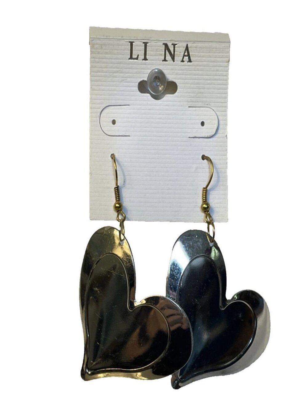 LI NA Heart Dangle Earrings Silver Tone Large Statement Modern Jewelry Shiny